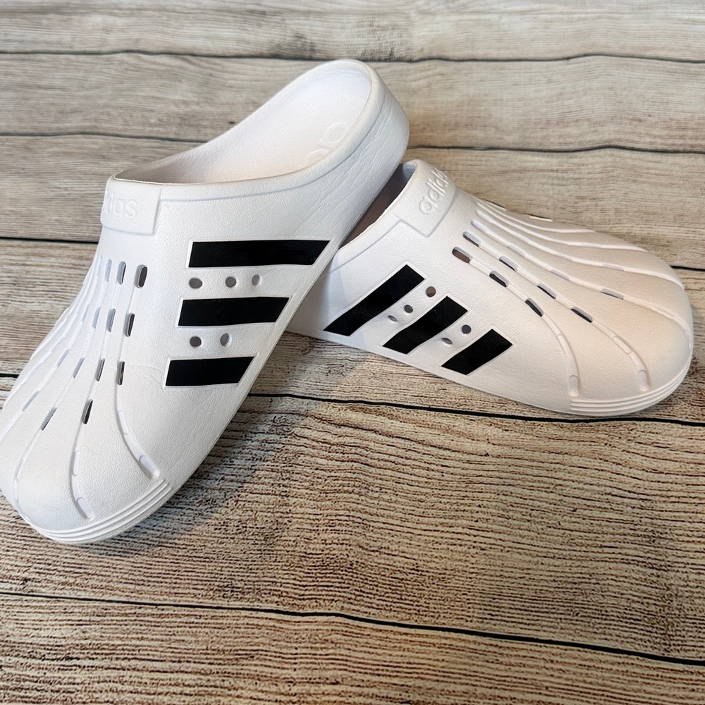 Adidas ADILETTE White Black Clogs Slides Sandals Shoes Size 7 Men 8 Women EUC - Picture 8 of 15